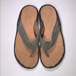 Olukai Men's Malau Gray Brown Leather Flip Flops Thong Sandals 15